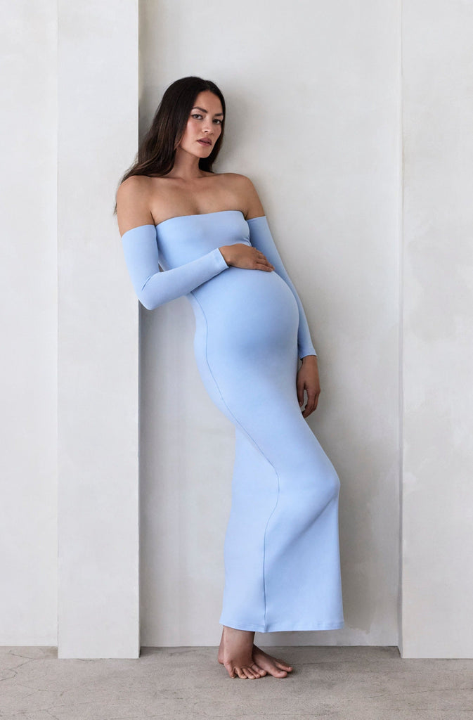 Bumpsuit Maternity The Angelina Off Shoulder Long Sleeve Maxi Dress in Powder Blue