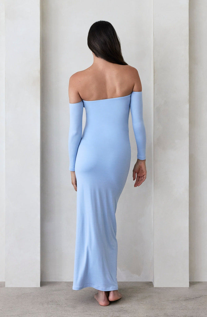 Bumpsuit Maternity The Angelina Off Shoulder Long Sleeve Maxi Dress in Powder Blue
