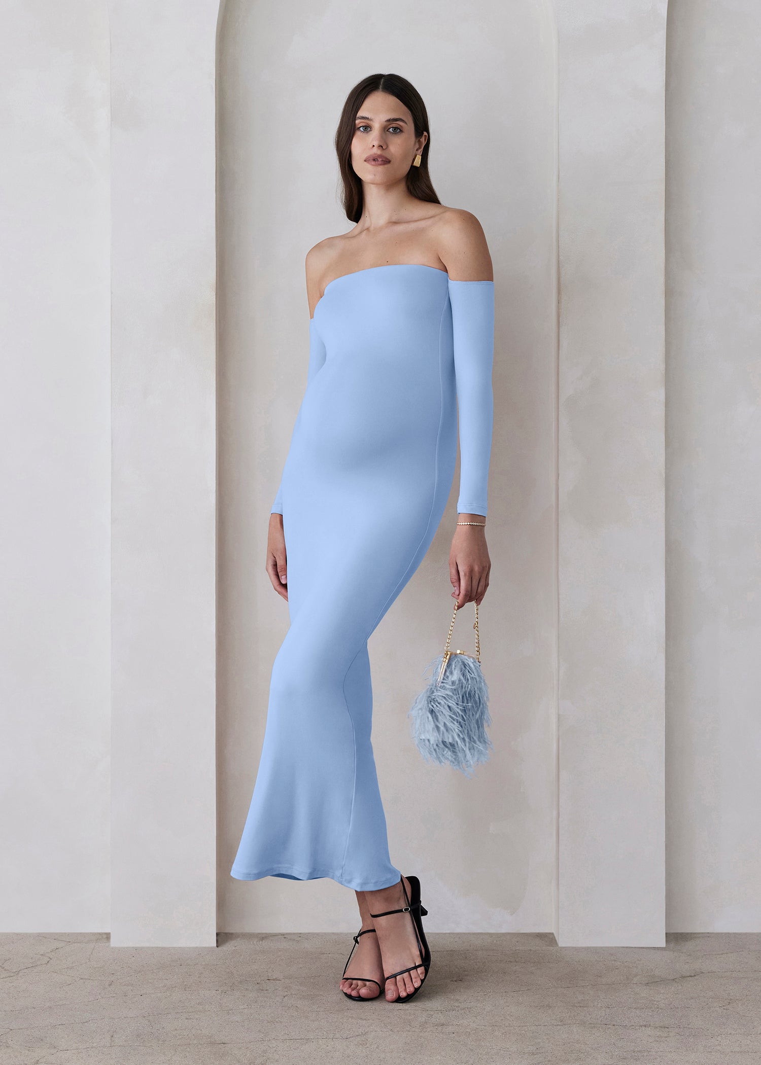 Bumpsuit Maternity The Angelina Off Shoulder Long Sleeve Maxi Dress in Powder Blue