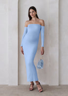 Bumpsuit Maternity The Angelina Off Shoulder Long Sleeve Maxi Dress in Powder Blue