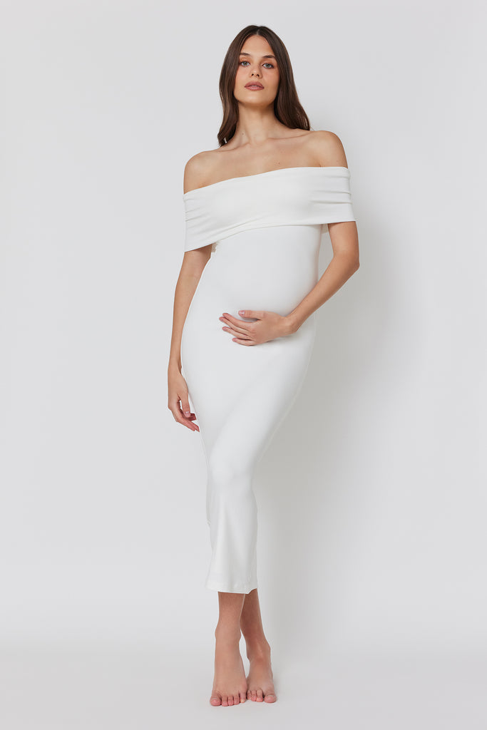 Bumpsuit Maternity The Bianca Off Shoulder Evening Dress in Ivory
