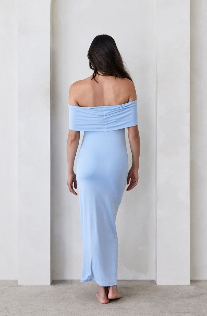 Bumpsuit Maternity The Bianca Off The Shoulder Evening Dress in Powder Blue