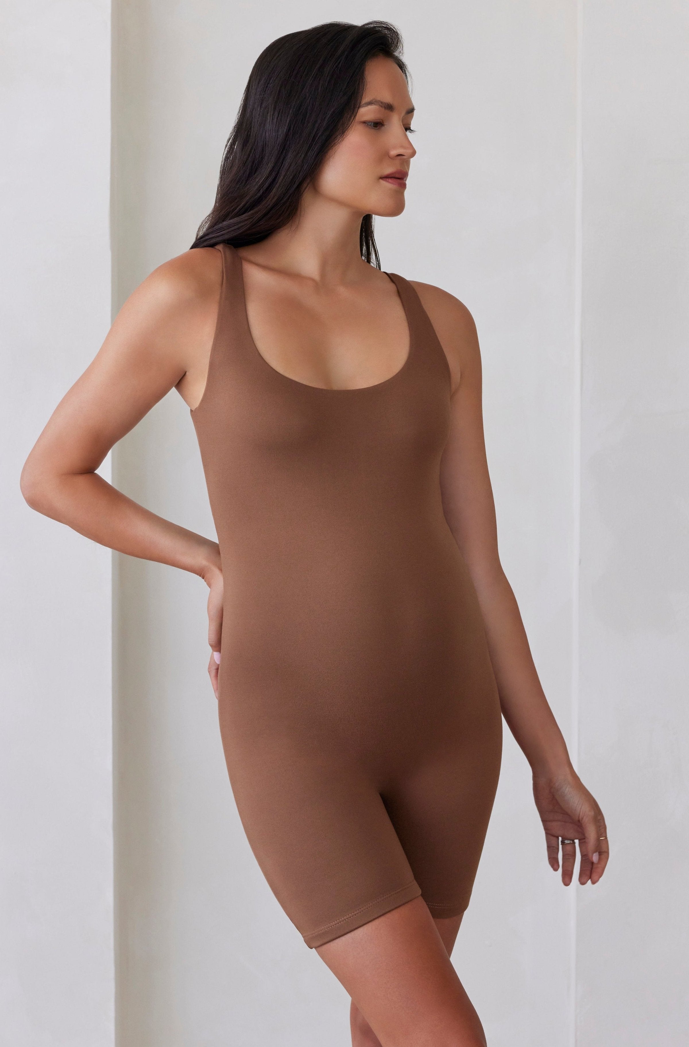 Bumpsuit Maternity The Cindy Sleeveless Romper Jumpsuit in Mocha