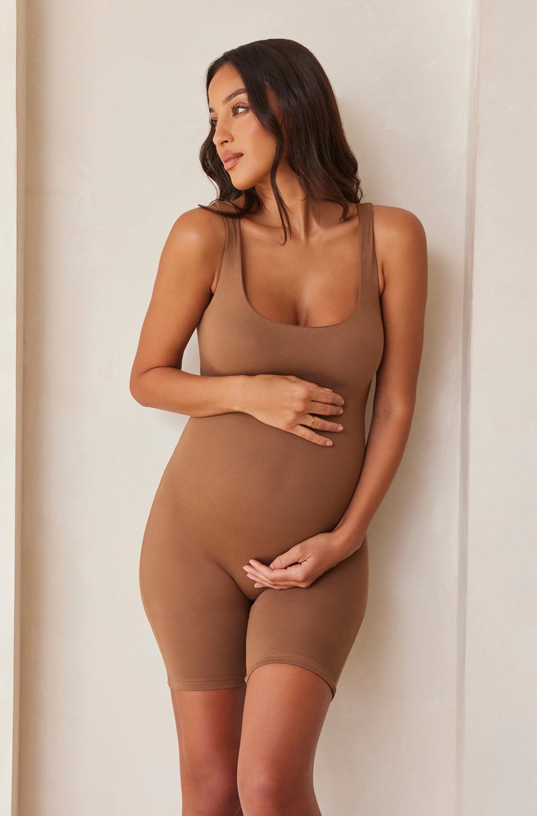 Bumpsuit Maternity The Cindy Sleeveless Romper Jumpsuit in Mocha