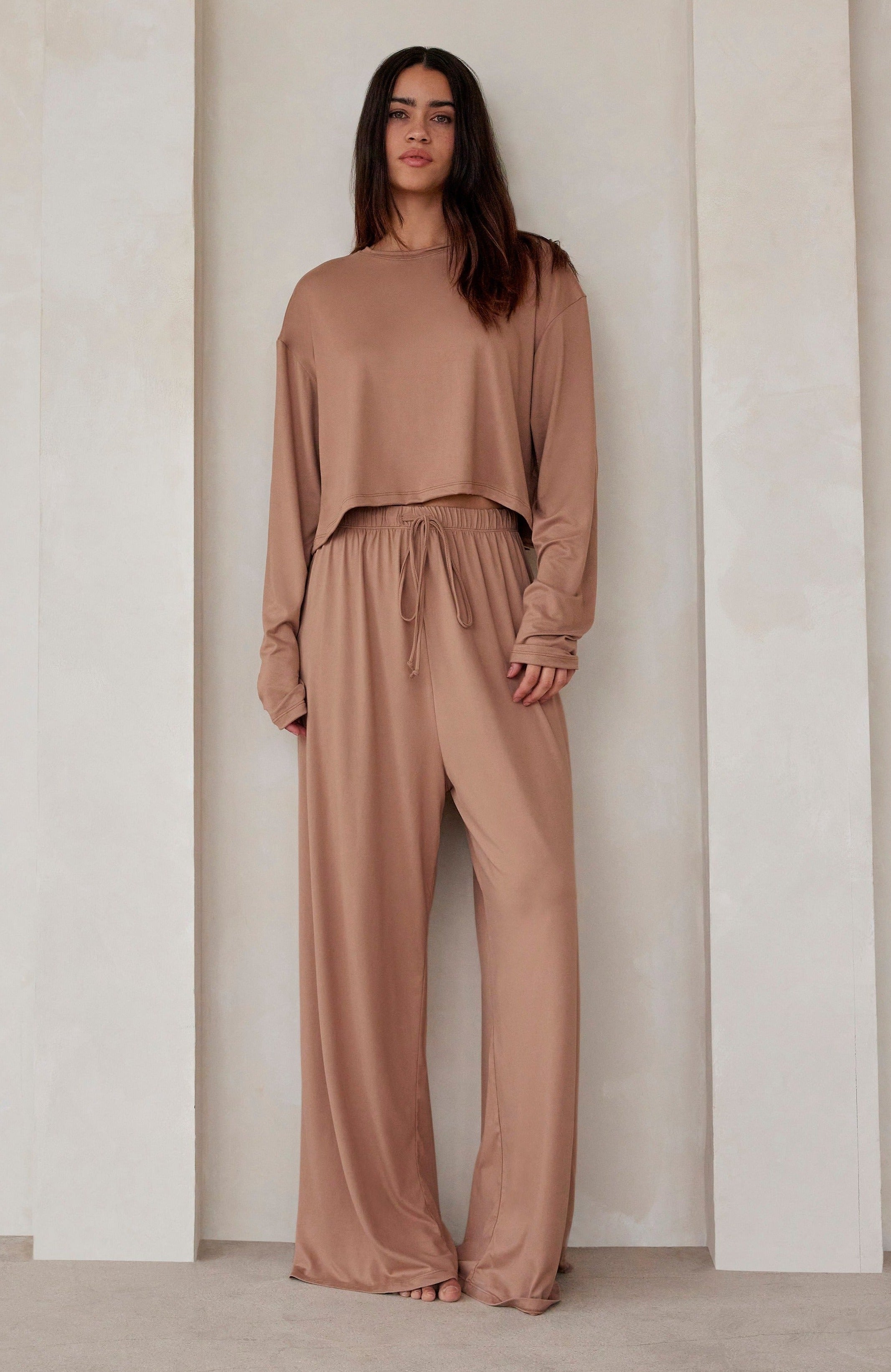 Bumpsuit Maternity Loungewear The cloud Crop Long Sleeve Tee in Latte