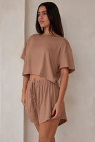 Bumpsuit Maternity Loungewear The Cloud Drawstring Short in Latte