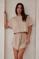 Bumpsuit Maternity Loungewear The Cloud Drawstring Short in Oat