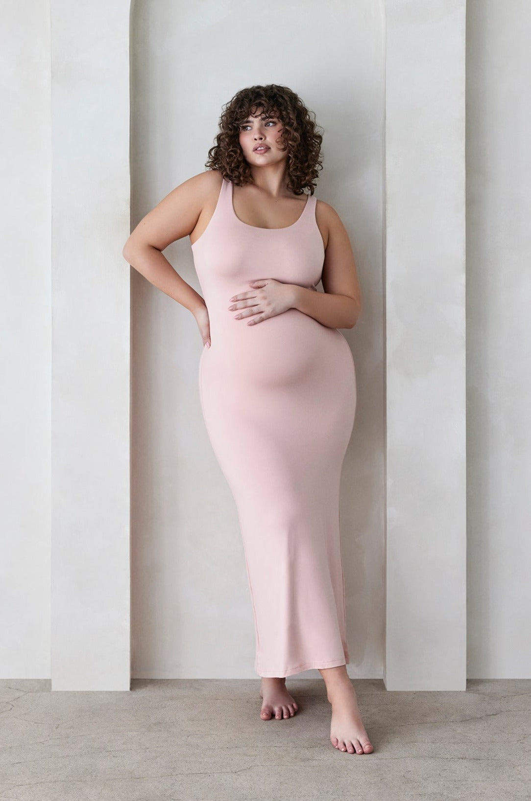 Bumpsuit Maternity The Elle Midi Scoop Neck Dress in Dusty Pink