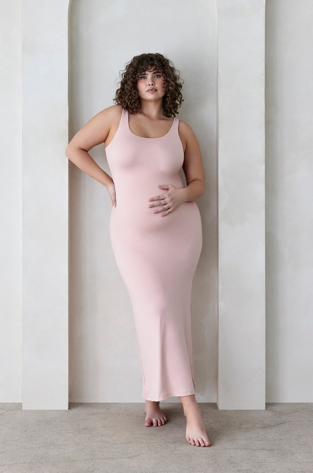 Bumpsuit Maternity The Elle Midi Scoop Neck Dress in Dusty Pink