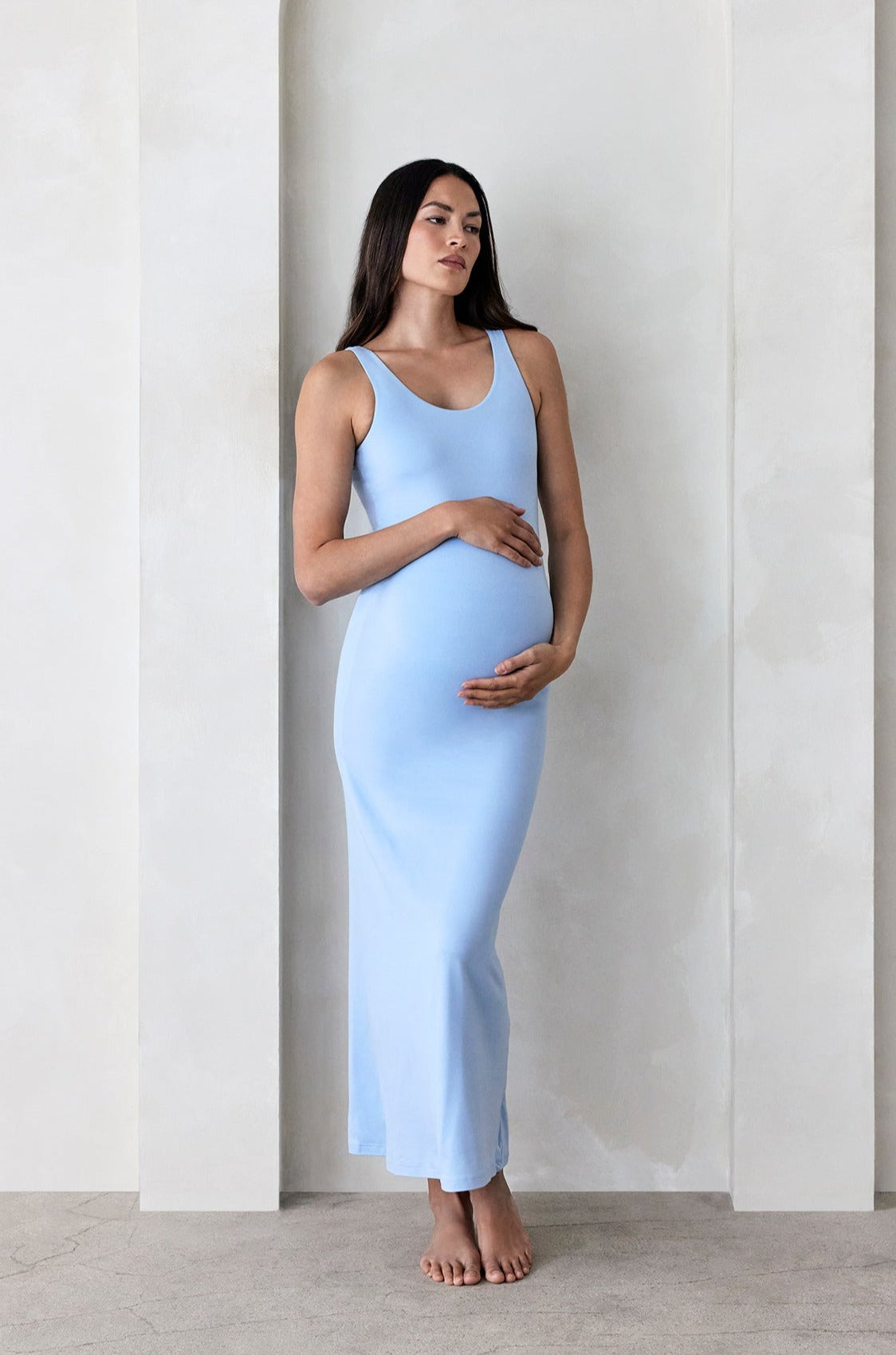 Bumpsuit Maternity The Elle Midi Scoop Neck Dress in Powder-Blue