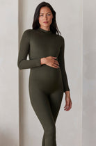 bumpsuit maternity the gigi mock neck long sleeve jumpsuit in olive