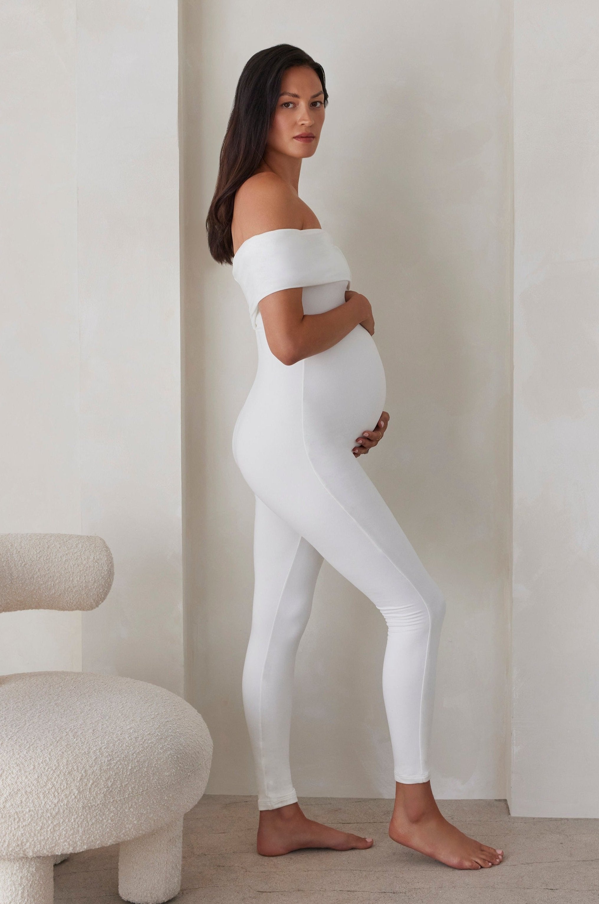 Bumpsuit Maternity The Harper Off The Shoulder Jumpsuit in Ivory