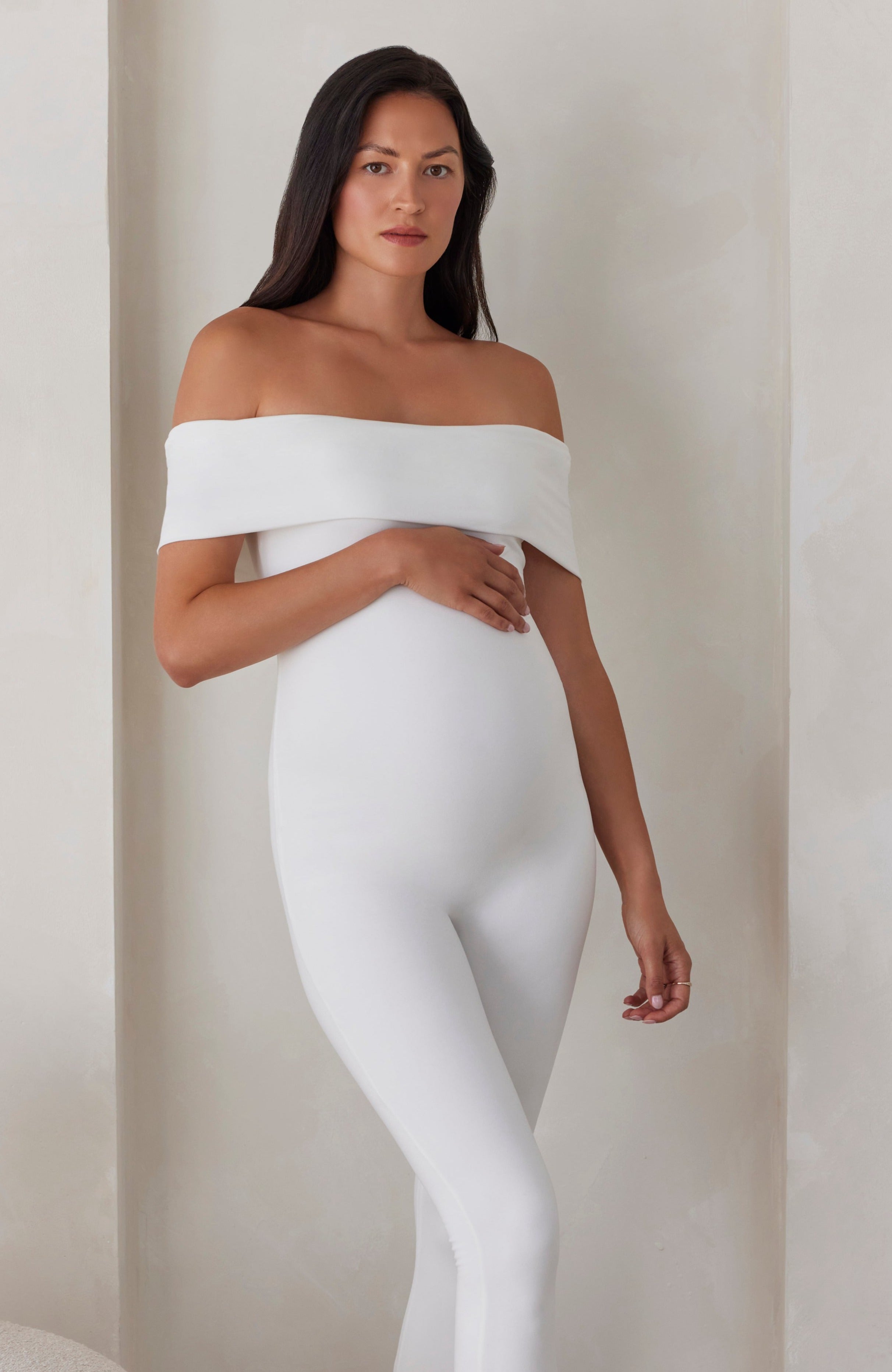 Bumpsuit Maternity The Harper Off The Shoulder Jumpsuit in Ivory