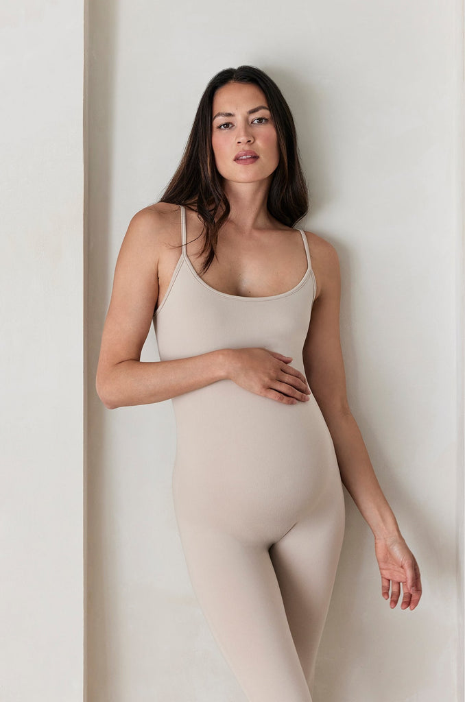 Bumpsuit Maternity The Kate Spaghetti Strap Scoop Neck Jumpsuit in Oat