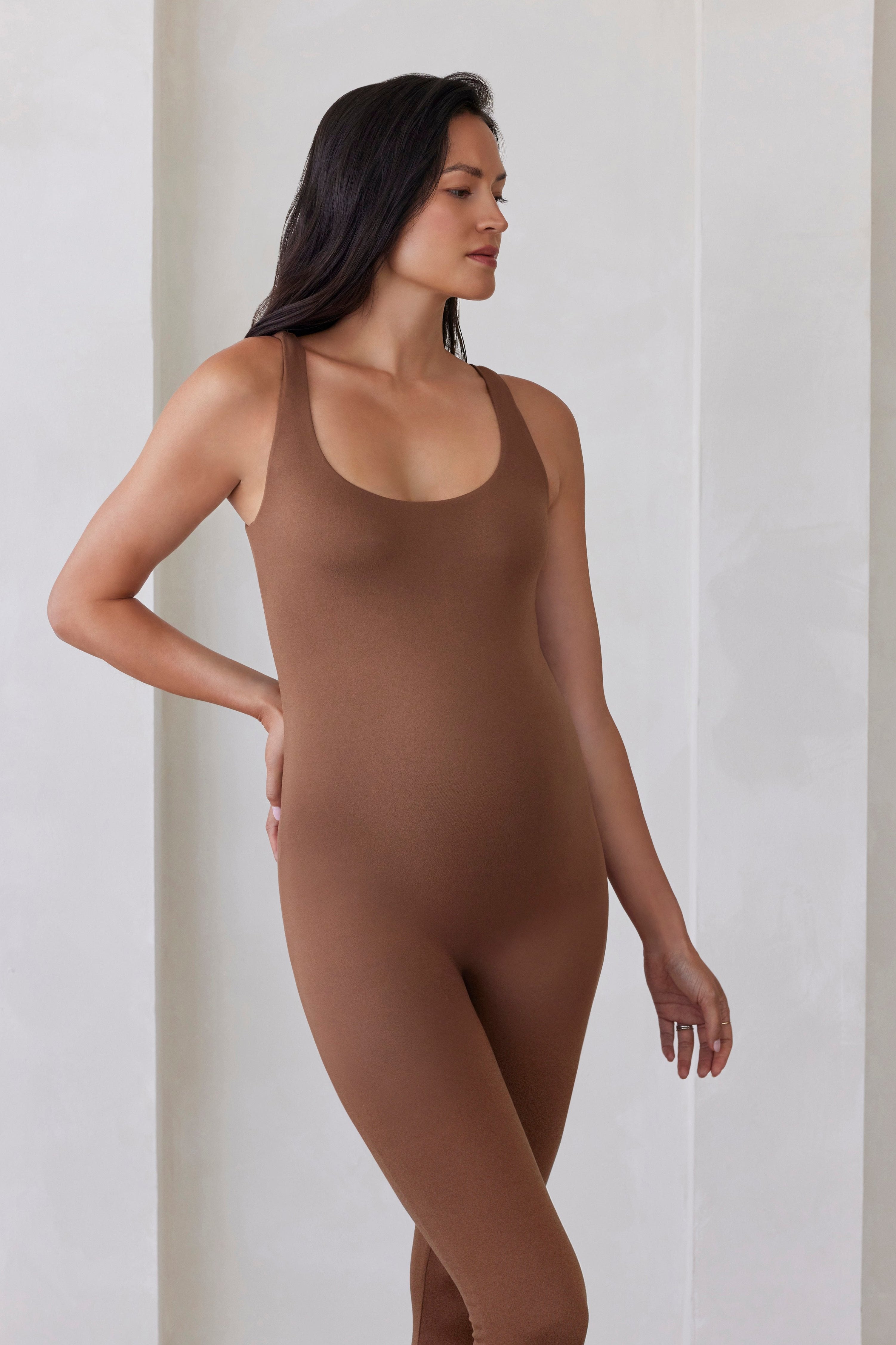 Bumpsuit Maternity The lucy Sleeveless scoop neck jumpsuit in mocha