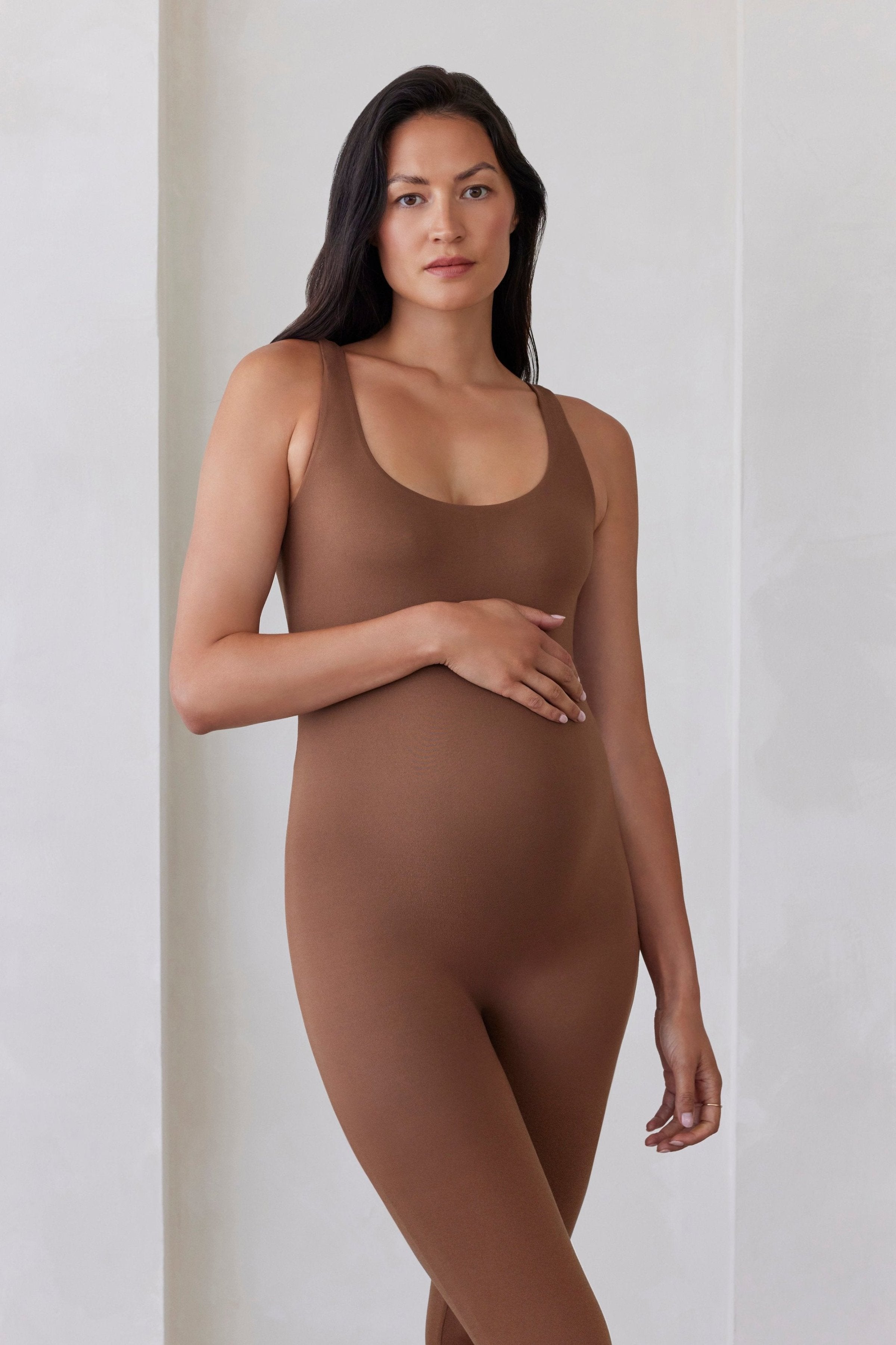 Bumpsuit Maternity The lucy Sleeveless scoop neck jumpsuit in mocha