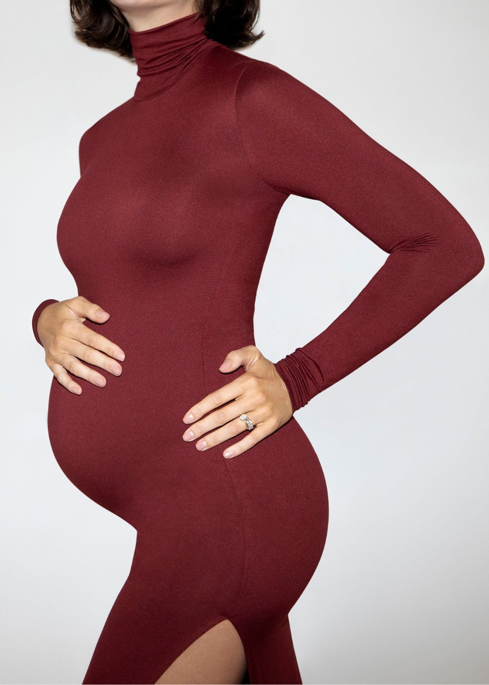 the monica turtleneck long sleeve maxi dress with side slit in burgundy