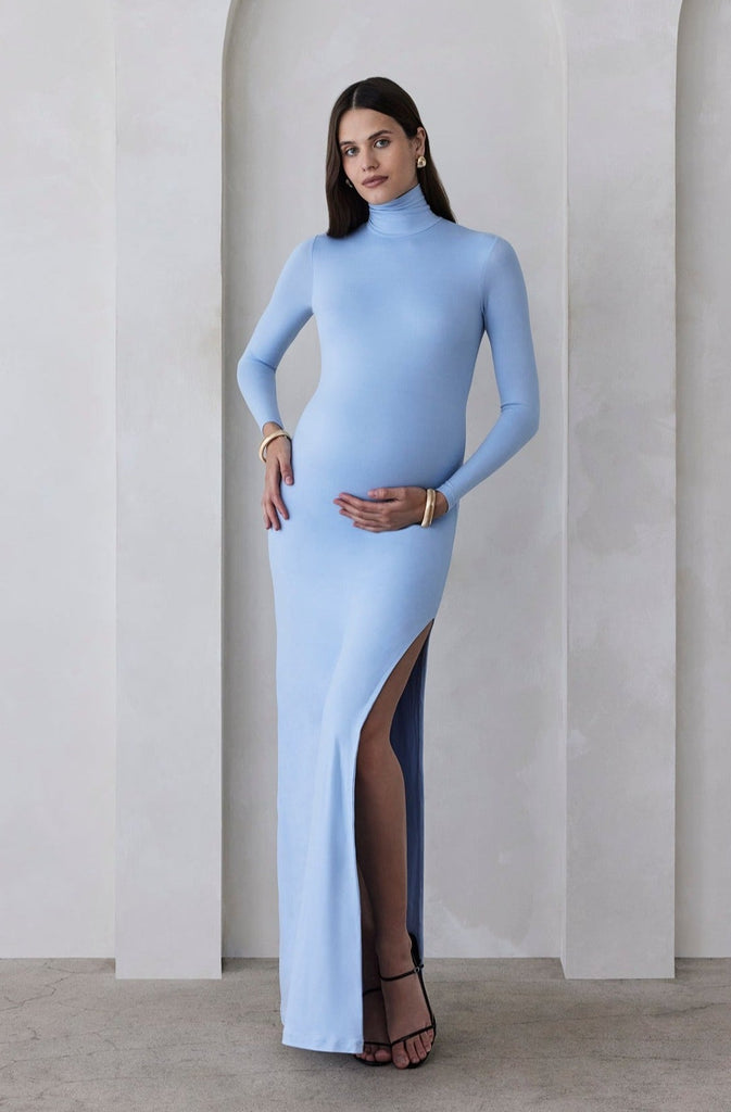 Bumpsuit Maternity The monica Turtleneck Long sleeve Dress with side slit in powder blue