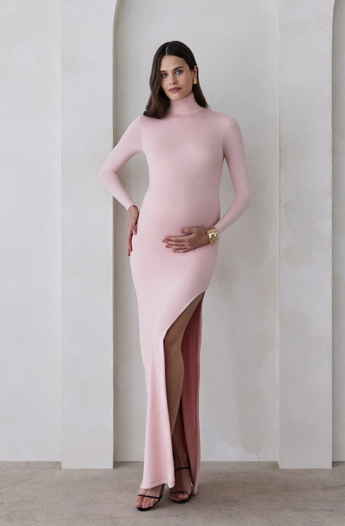 Bumpsuit Maternity The Monica Turtleneck Longsleeve Maxi Dress with slit in Dusty Pink