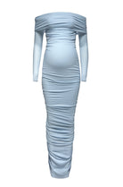 bumpsuit maternity the Off The Shoulder Maternity Soft Mesh Dress in Powder Blue