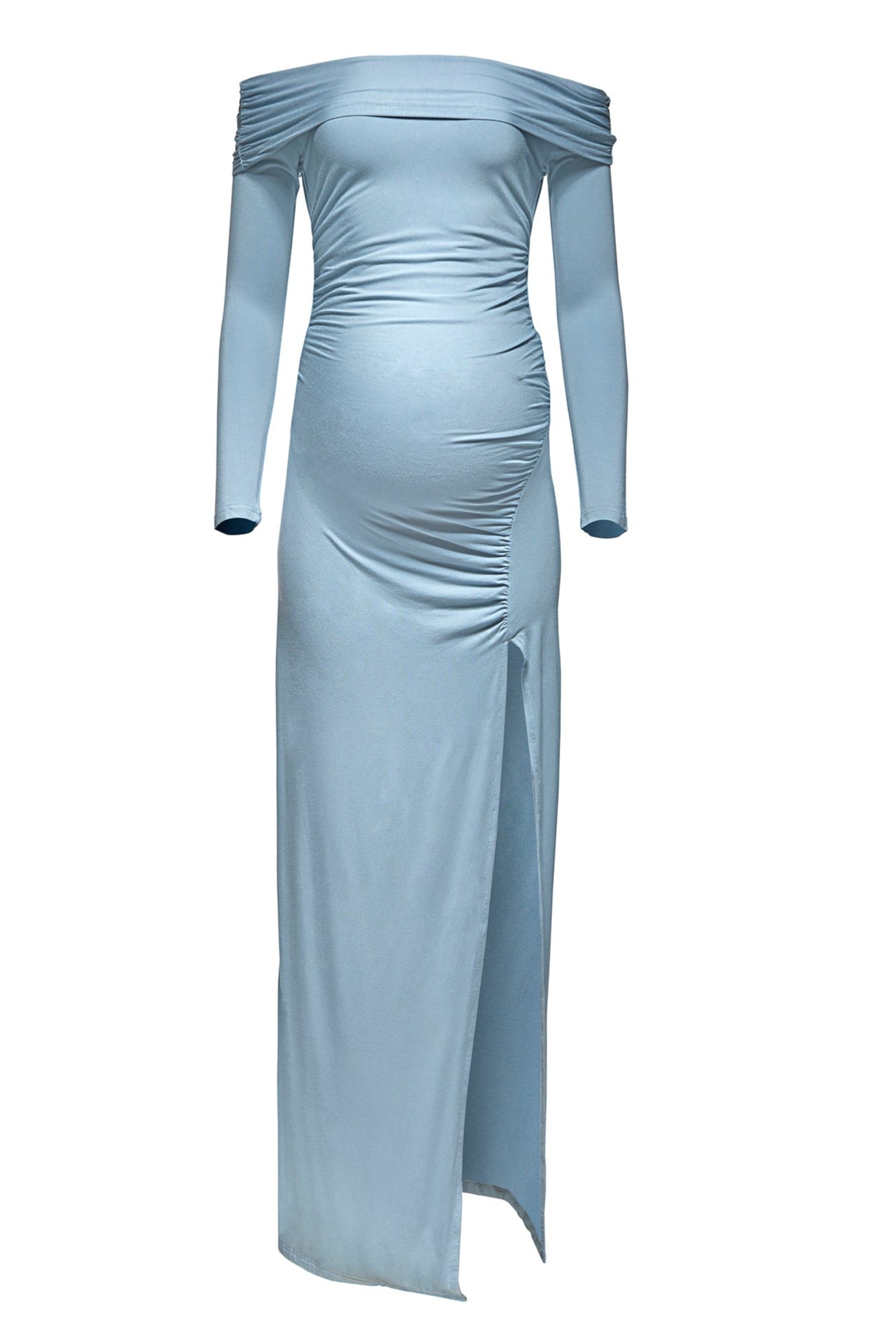 bumpsuit maternity off the shoulder evening dress in powder blue