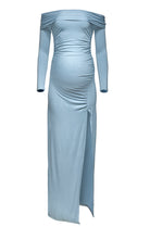 bumpsuit maternity off the shoulder evening dress in powder blue