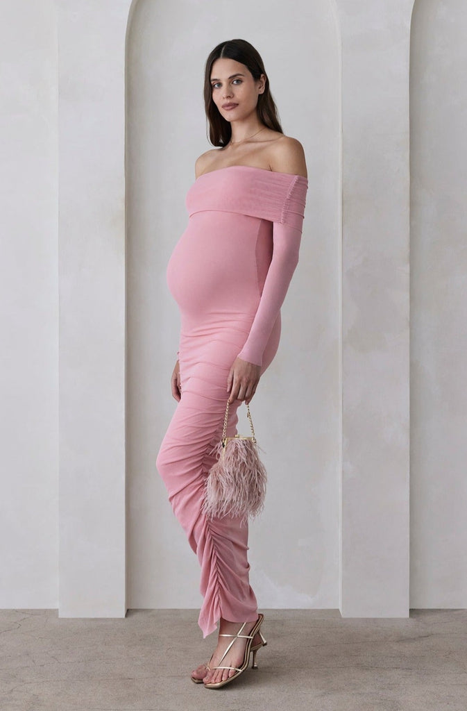 Bumpsuit Maternity Off The Shoulder Soft Mesh Maxi Dress in Pink
