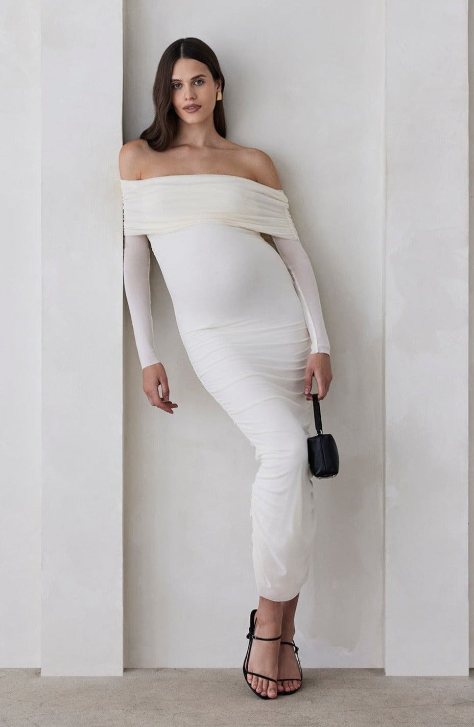 bumpsuit maternity the Off The Shoulder Maternity Soft Mesh Dress in Ivory