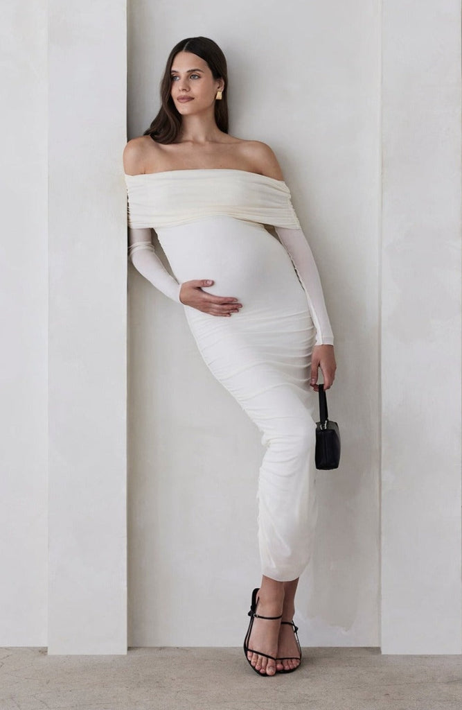 bumpsuit maternity the Off The Shoulder Maternity Soft Mesh Dress in Ivory