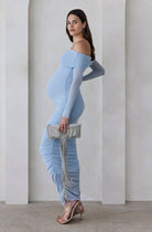 bumpsuit maternity the Off The Shoulder Maternity Soft Mesh Dress in Powder Blue