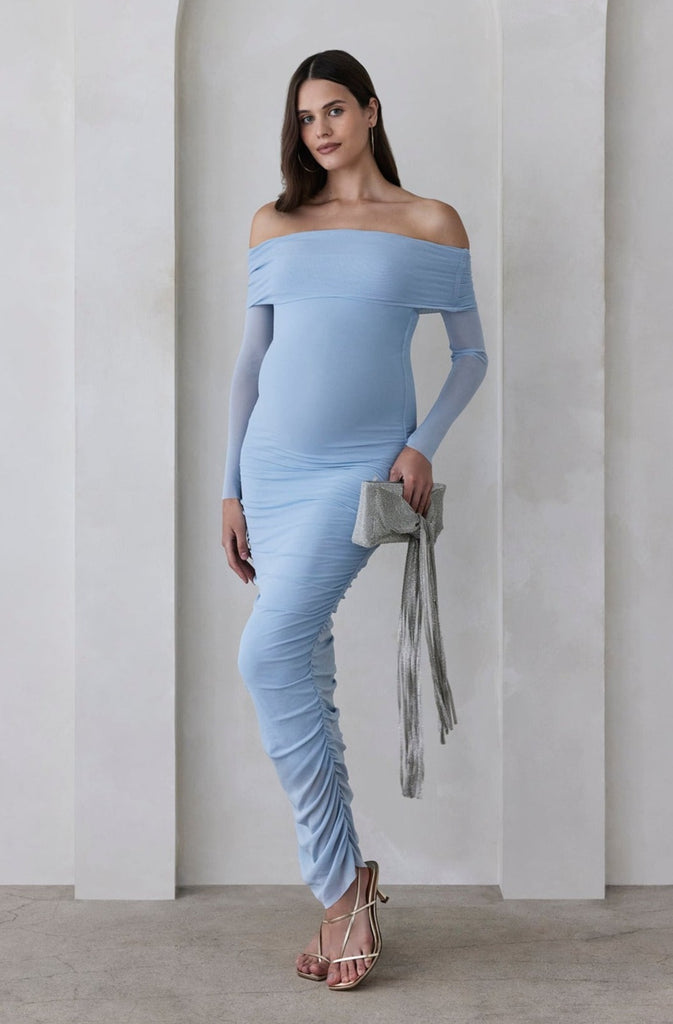 bumpsuit maternity the Off The Shoulder Maternity Soft Mesh Dress in Powder Blue
