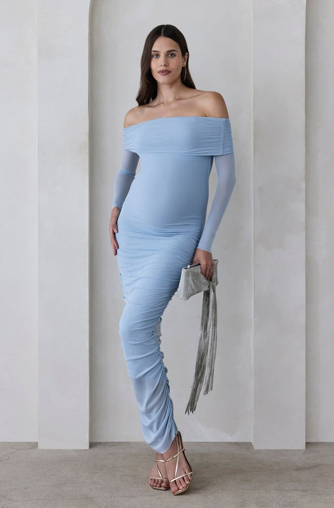 bumpsuit maternity the Off The Shoulder Maternity Soft Mesh Dress in Powder Blue
