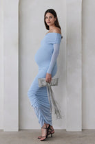 bumpsuit maternity the Off The Shoulder Maternity Soft Mesh Dress in Powder Blue