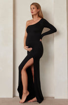 Bumpsuit Maternity The One Shoulder Long Sleeve Evening Dress with Side slit in black