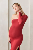 Bumpsuit Maternity The One Shoulder Long Sleeve Evening Dress with Side slit in red