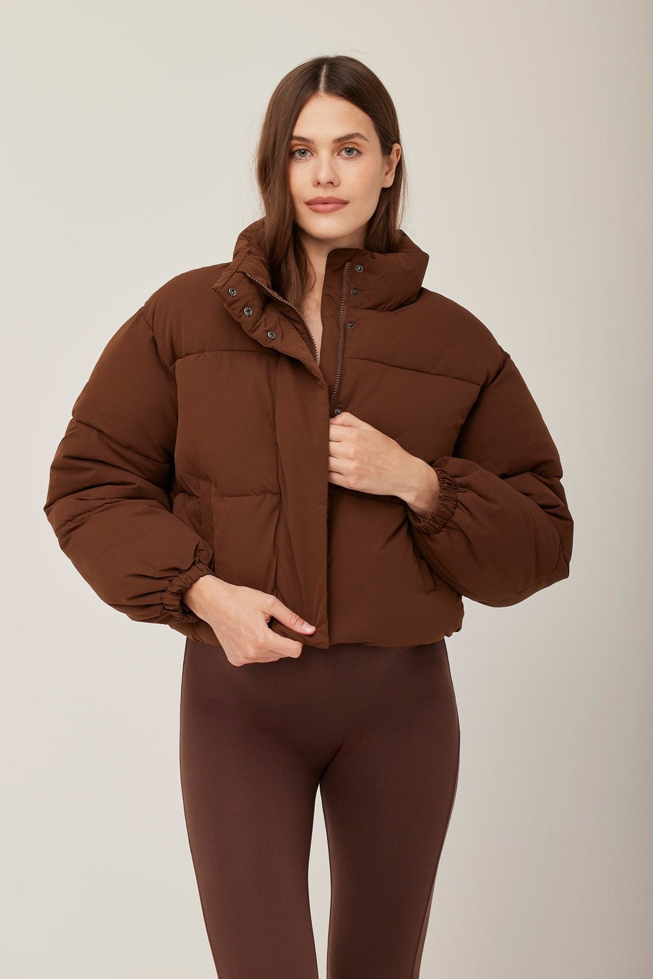 Bumpsuit Maternity Cropped Puffer Jacket in Chocolate