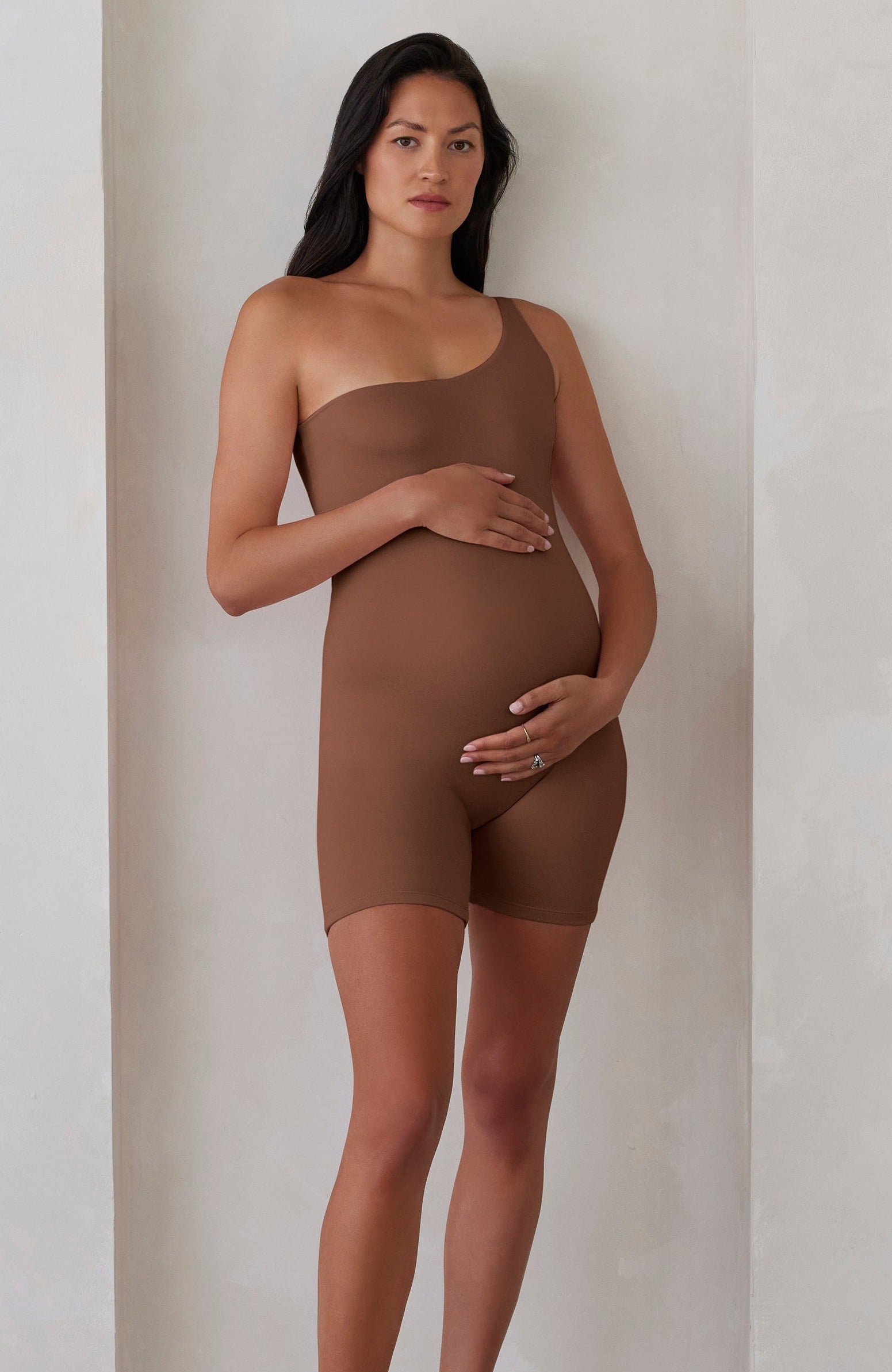 Bumpsuit Maternity The Romee One Shoulder Romper in Mocha