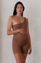 Bumpsuit Maternity The Romee One Shoulder Romper in Mocha