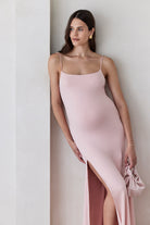 Bumpsuit Maternity The Rosie Square Neck Sleeveless Maxi Dress with side slit in dusty pink