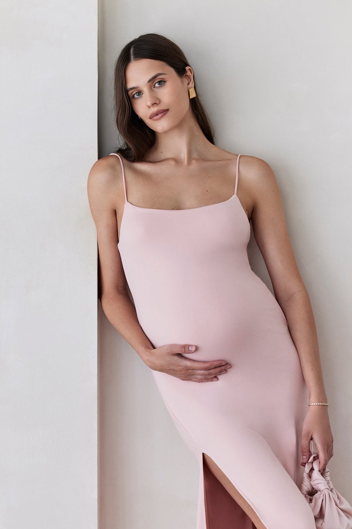 Bumpsuit Maternity The Rosie Square Neck Sleeveless Maxi Dress with side slit in dusty pink