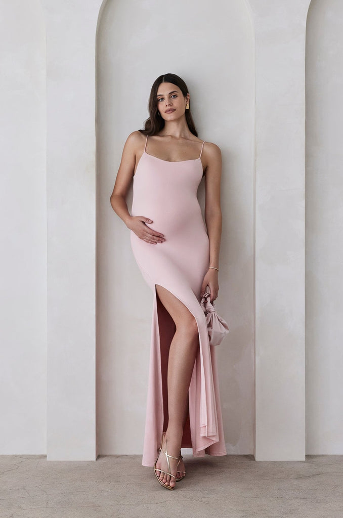 Bumpsuit Maternity The Rosie Square Neck Sleeveless Maxi Dress with side slit in dusty pink