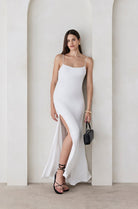 Bumpsuit Maternity The Rosie Square Neck Sleeveless Maxi Dress with side slit in Ivory