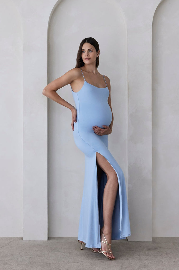Bumpsuit maternity the rosie square neck sleeveless maxi dress with side slit powder blue
