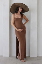 Bumpsuit Maternity The Rosie Square Neck Sleeveless Maxi Dress with side slit in mocha