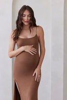 Bumpsuit Maternity The Rosie Square Neck Sleeveless Maxi Dress with side slit in mocha