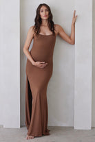 Bumpsuit Maternity The Rosie Square Neck Sleeveless Maxi Dress with side slit in mocha