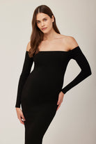 bumpsuit the sculpting rib off shoulder midi dress in black