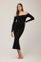 bumpsuit the sculpting rib off shoulder midi dress in black