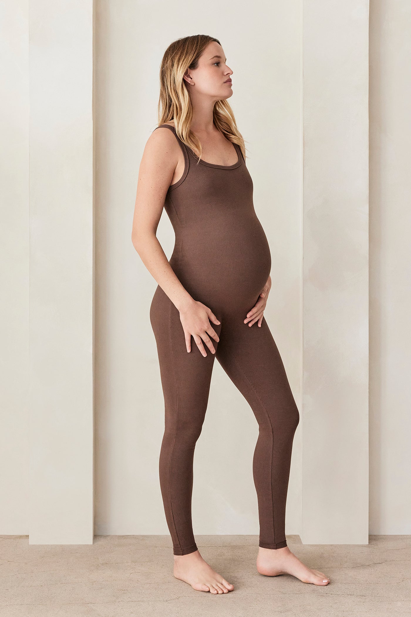 Bumpsuit Maternity Sculpting Rib Wide Strap Unitard in Brown