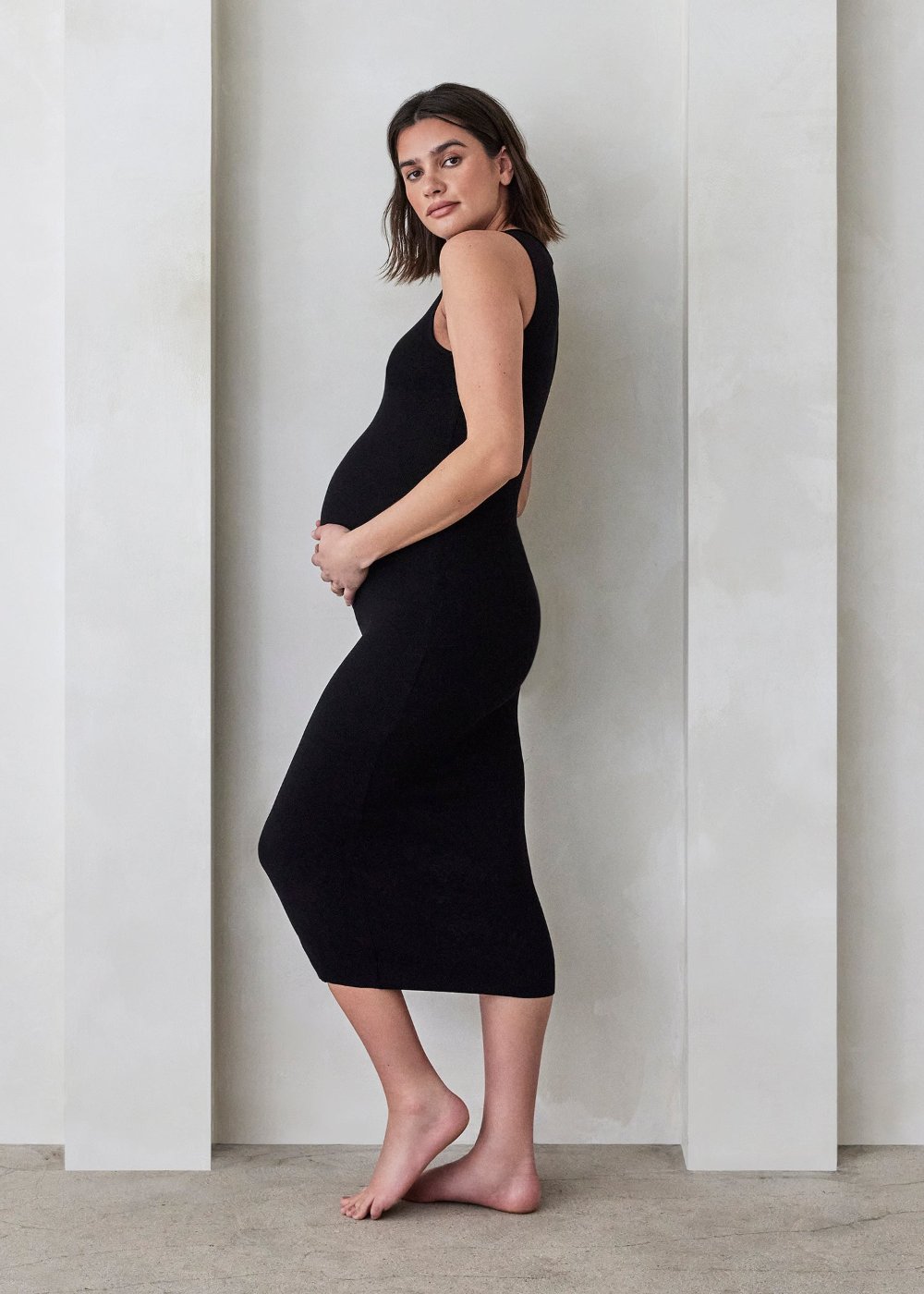 Bumpsuit Maternity Soft Rib Boat Neck Midi Dress in Black